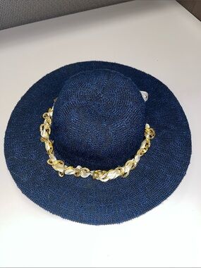 Marcus Adler Women’s Navy Straw like Wide-Brim Hat Gold Chain Trim